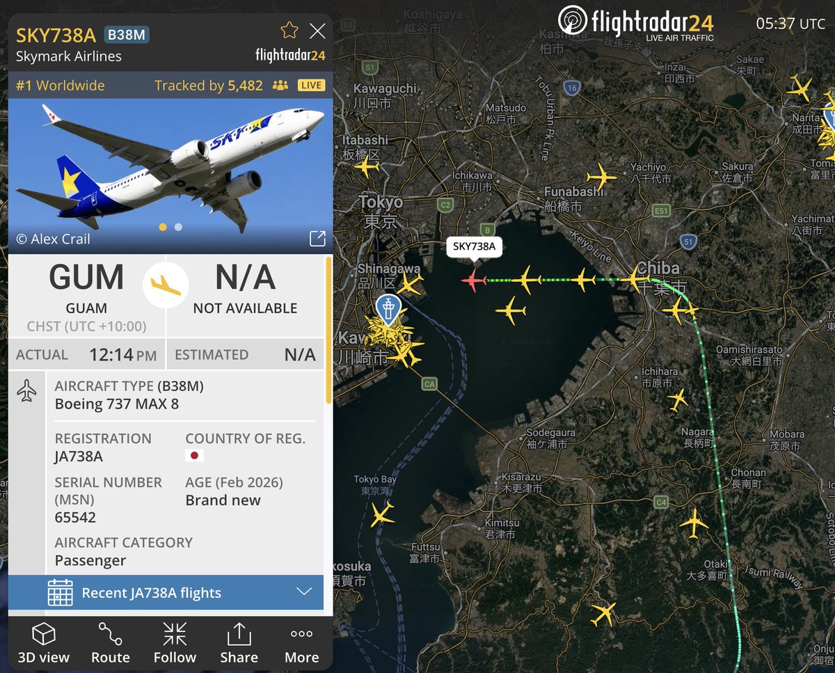 スカイマーク向けボーイング737-8初号機JA738A、シアトルからハワイ