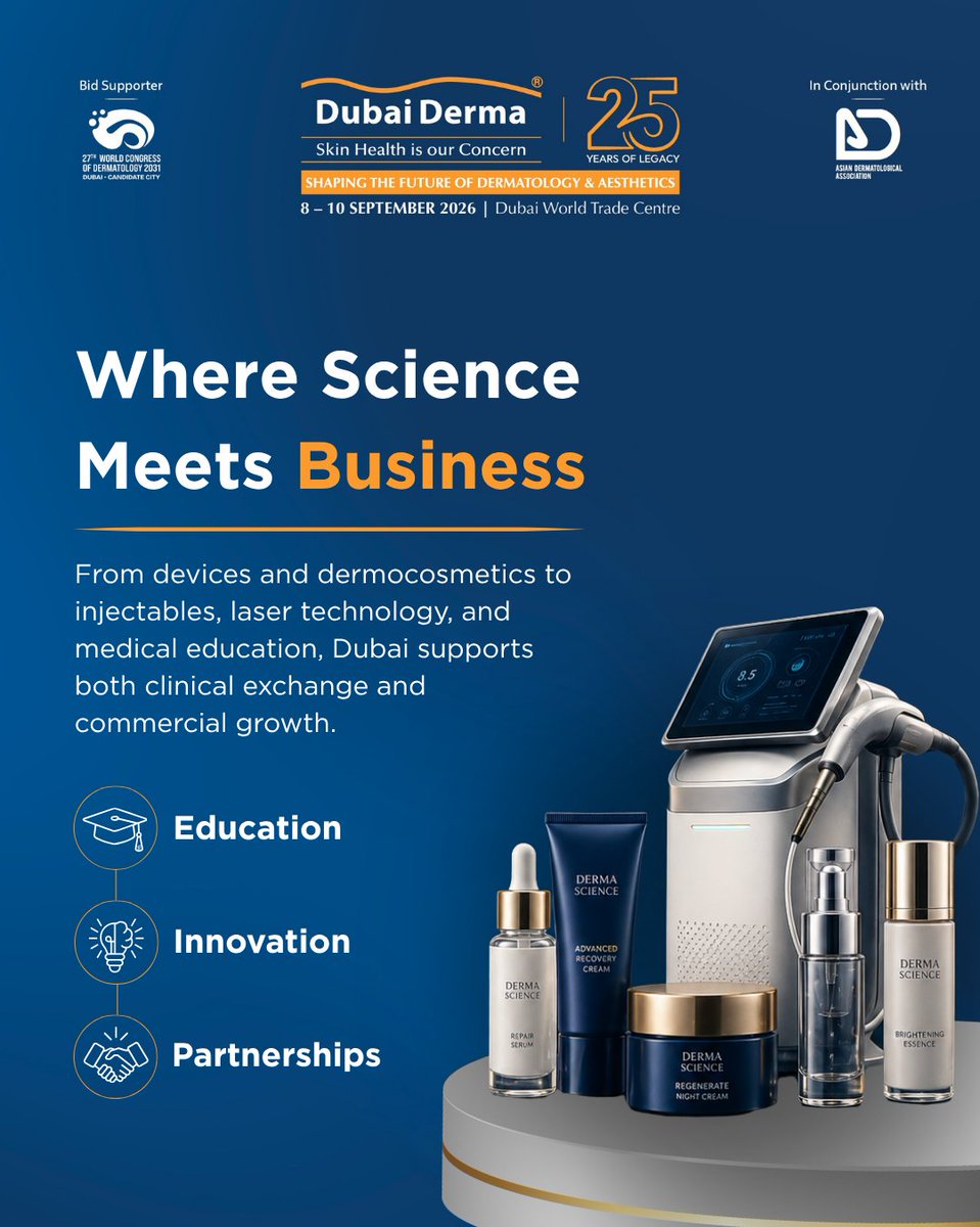 DubaiDerma's tweet photo. Dubai has become a powerful meeting point for dermatology growth, where clinical excellence, rising aesthetic demand, global access, and industry opportunity come together.
 
At Dubai Derma 2026, this momentum is reflected through a platform that connects healthcare professionals, international brands, innovators, and decision makers across dermatology, aesthetics, laser, and skincare.
 
From knowledge exchange and medical education to product discovery, business partnerships, and regional market reach, Dubai Derma continues to support the future of dermatology from one of the world’s most connected cities.
 
Register Now: https://t.co/59N9VFI2Gw.
 
#DubaiDerma #Dermatology #Aesthetics