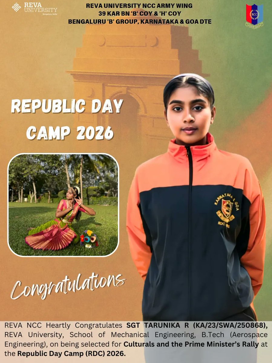 39Inf's tweet photo. Congratulations SGT Tarunika R for representing Karnataka and Goa Directorate at RDC 2026, New Delhi. Participation in Culturals and PM Rally reflects dedication. REVA NCC proud. Wishes ahead. 
Jai Hind 🇮🇳
#rdc
#NCC https://t.co/w3ReVGb54v