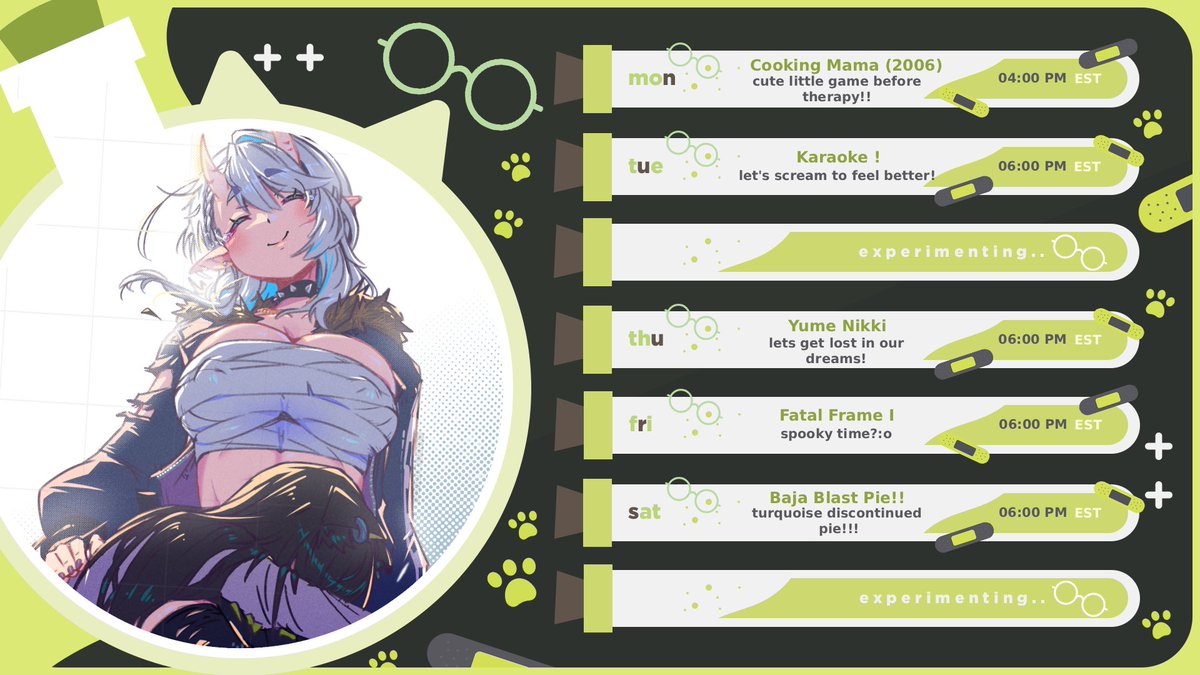 acti_matatabi's tweet photo. WEEKLY SCHEDULE  05/04 - 05/10🧪🩹  

︶꒦꒷꒦꒷꒦꒷  T A G S ꒷꒦꒷꒦꒷꒦︶ 
General: #ActiMatatabi 
Live: #LiveActionTabi 
Memes: #Matataboo 
Art: #Actistic 
Sussy Art: #Actitties

#Vtuber #vtuberen 
🎨: @.EHaziq15
🔗model reference and links below! https://t.co/vO5qiVDJlt