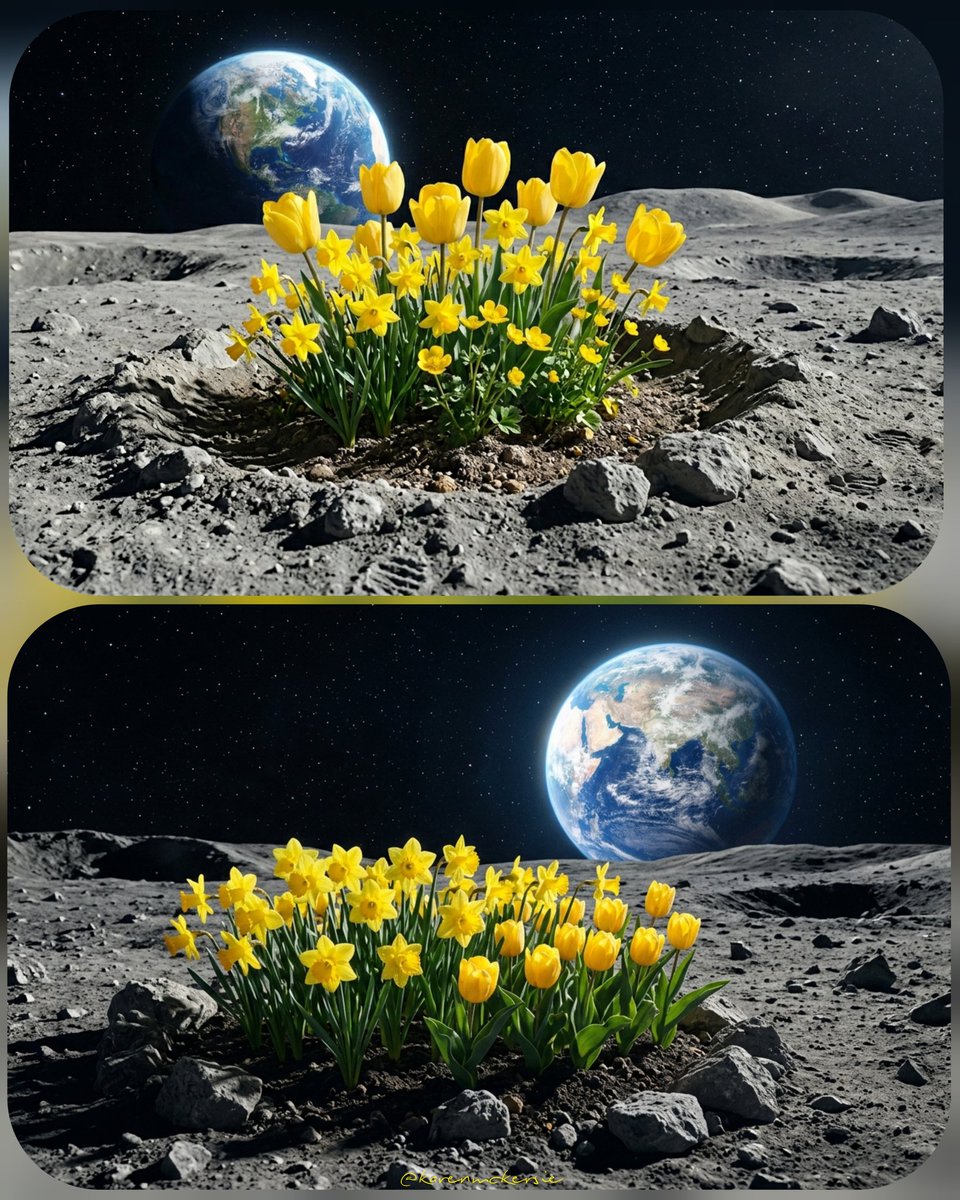 karenmckersie's tweet photo. 🌕🌏🌼 I created this Image of Resilience and future missions to the Moon of Tulips and Daffodils blossoming under the light of Earth from the rocky surface of the moon. 🌼🌷🌕🌏 #GoodNight
#Moon #Resilience #AiArt #GeminiAi #SpringBlossoms https://t.co/qEEHlGPBC6