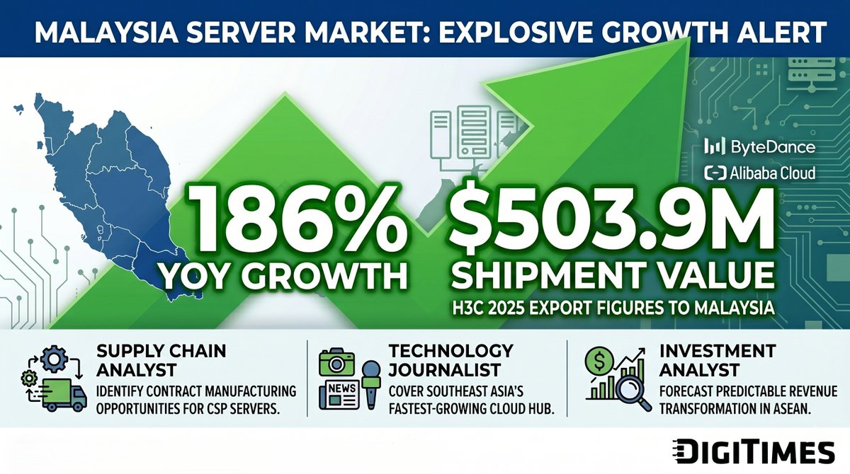 DIGITIMESAsia's tweet image. Malaysia is the new tech supply chain engine!
@H3CGlobal 's 2025 server exports to Malaysia hit $503.9M—a massive 186% YoY growth. Driven by ByteDance &amp;amp; Alibaba expanding local data centers.

Read the full breakdown: dgt.ms/reportnewh3c_x1

#DataCenter #MalaysiaTech #Server #AI
