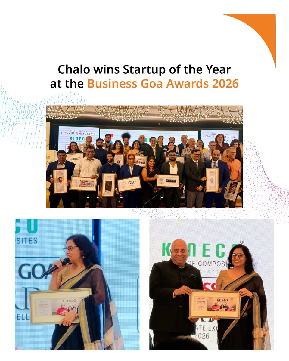 chaloapp's tweet photo. We are proud to share that Chalo has won Startup of the Year at the Business Goa Awards 2026. 🏆
A special milestone for us, our first award in Goa and our first win of 2026.

Behind this moment are countless late nights, small wins, and a team that shows up every single day to make travel better. 💙
Onwards and upwards. 🚀

#StartupOfTheYear #BusinessGoaAwards #Chalo #StartupIndia #AwardWinning #MilestoneMoment #TeamWorkWins #TechForGood #Mobility

@mohitdubey @priyamohit @vinayakbhavnani @dchop