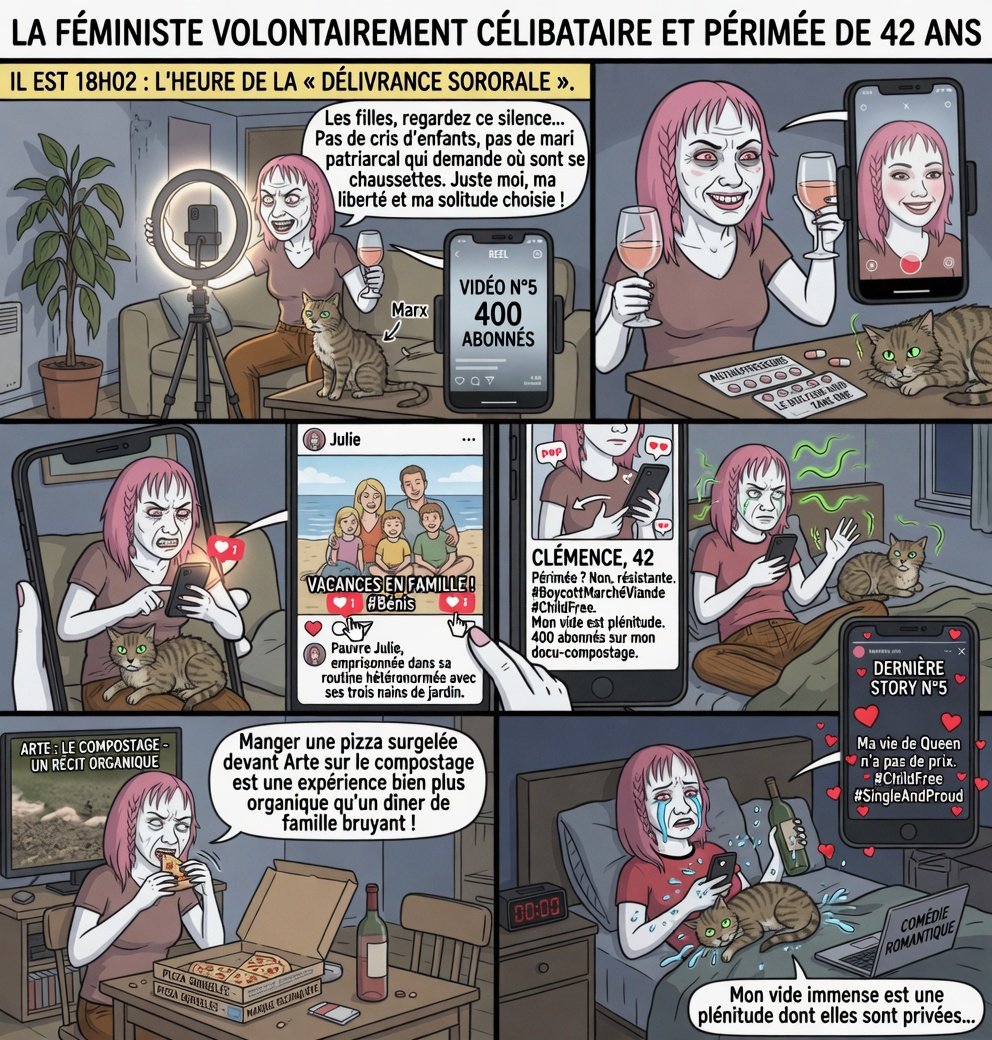 Portrait : la féministe périmée, volontairement célibataire à 42 ans, qui fait 5 vidéos par jour pour marteler qu’elle a la meilleure vie.

Il est 18h02 : l'heure de la « délivrance sororale ». Clémence, 42 ans, ajuste l'anneau lumineux de son iPhone entre un ficus agonisant et