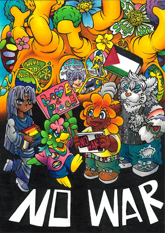 kinakayutan's tweet image. ①②：パレスチナ、LGBTQ+、反戦をテーマとした作品です。
#stopgenocide #freepalestine #lgbtq #nowar
③：下描きを考えています。
④：趣味の動物キャラの絵の制作を進めています。

今回のYOUTUBE配信のグレンダイザーは、クリスマス回だったらしく、兜甲児がサンタさんしてました。