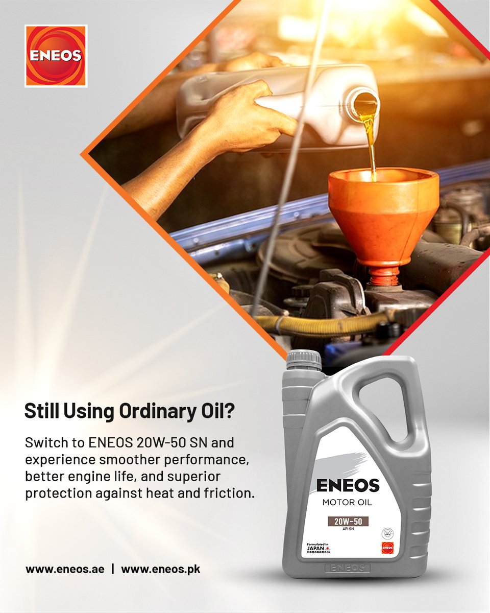 eneosmena's tweet photo. Every drive exposes your engine to heat, friction, and wear. ENEOS 20W-50 SN is built to handle it all — delivering smoother performance, longer engine life, and reliable protection in demanding conditions.
Contact: hello@eneos.ae / https://t.co/ZA707mRYvp / 
#eneosuae #engineoil https://t.co/tmVjNIytBq