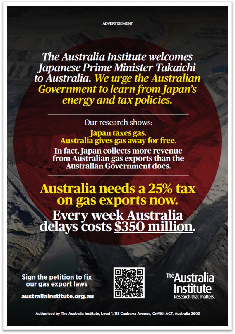 HumanisingMen's tweet image. New ad congratulates Japanese PM for collecting more tax on Australian gas exports than Australia has australiainstitute.org.au/post/new-ad-co… #Australia #Japan #GasExports #TaxRevenue #SanaeTakaichi
