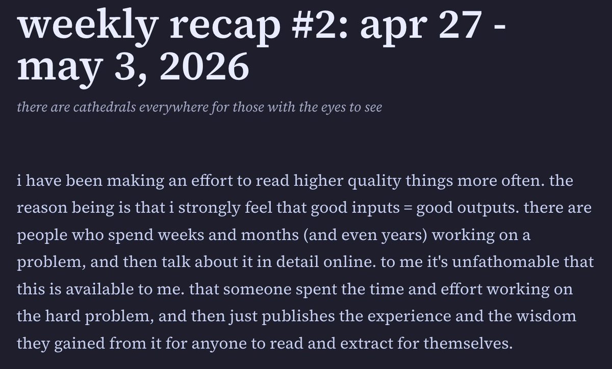 Deor's tweet photo. "there are cathedrals everywhere for those with the eyes to see"

weekly recap #2 ↓

with 25+ random things i read this week with notes https://t.co/FpEhn4V9Qe