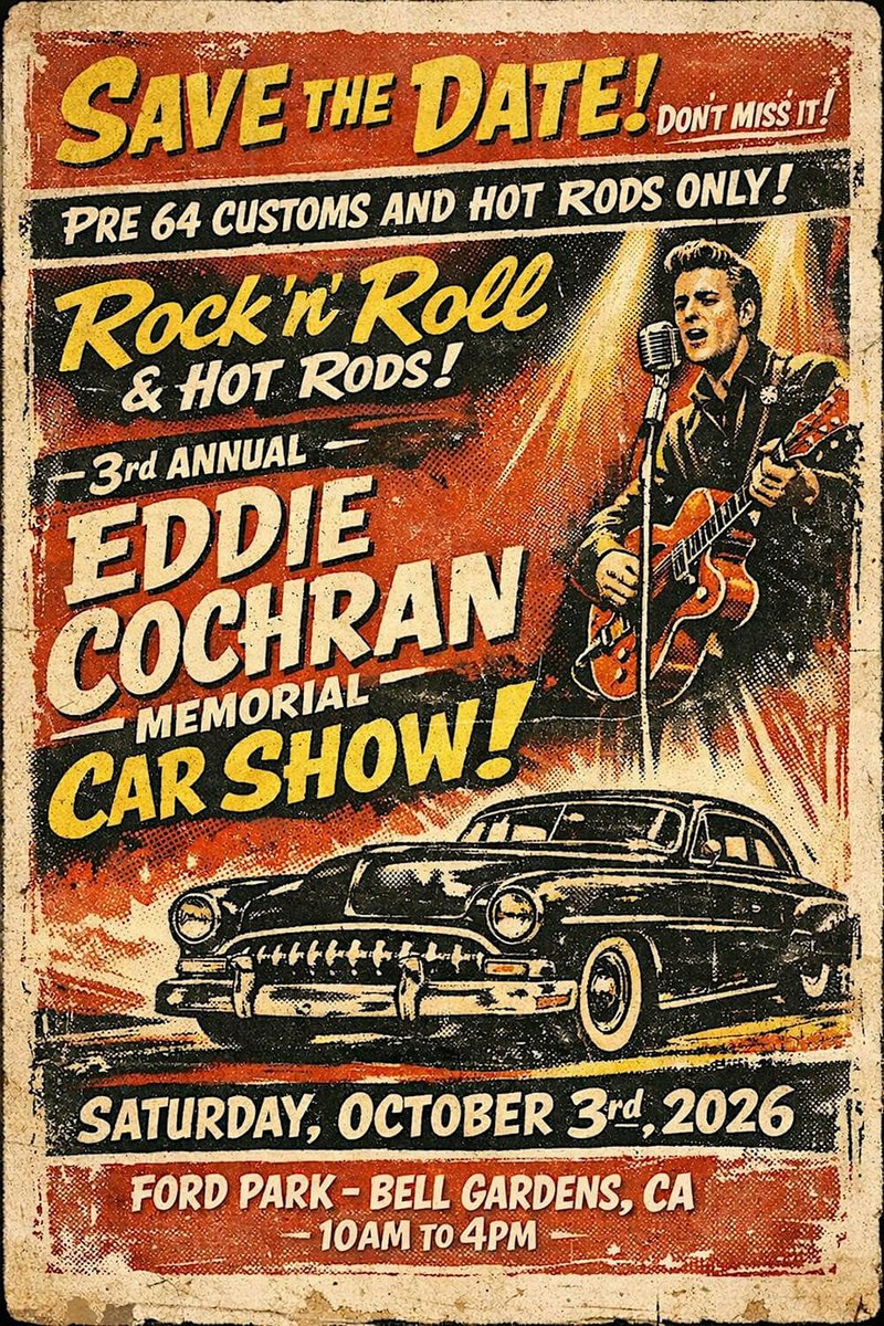 EventsInCali's tweet image. eventsincalifornia.com/events/car-sho…

Eddie Cochran Memorial Car Show, Ford Park, Bell Gardens, CA | Oct 3, 2026

#BellGardens #California #CaliforniaEvents #EddieCochranMemorialCarShow #FordPark #LosAngeles #CarShows #latestevents #newevents #todayevents #events #eventspace #allevents