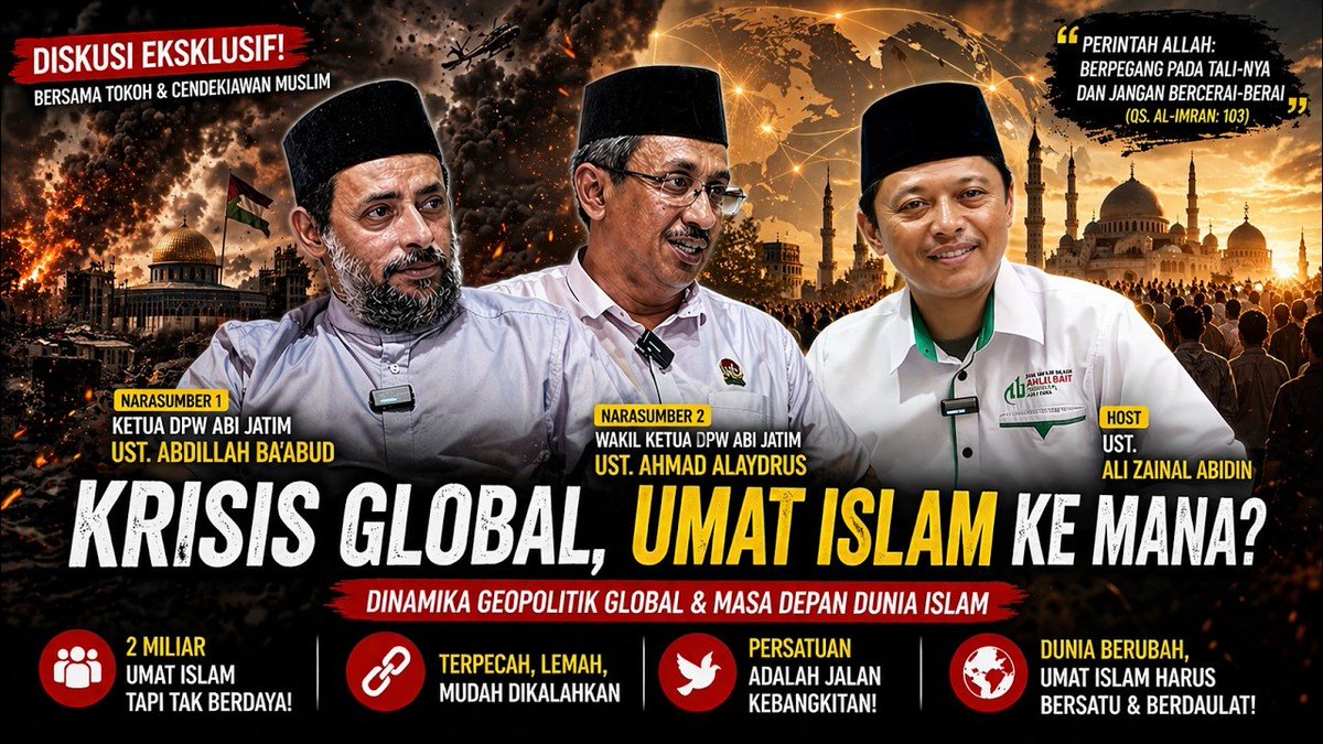 infoahlulbait's tweet photo. “Berpeganglah kamu semuanya kepada tali Allah, dan janganlah bercerai-berai.” (QS. Ali Imran: 103)

Persatuan umat Islam menjadi tema penting di tengah krisis global yang semakin memanas. Konflik geopolitik dunia, perang, perpecahan internal umat, hingga dominasi kekuatan global menjadi tantangan besar bagi dunia Islam hari ini.

Dalam podcast Spesial ABI (Ahlulbait Indonesia) kali ini, kami menghadirkan diskusi mendalam bersama:

🎙 Host:
Ust. Ali Zainal Abidin

👤 Narasumber:
▪️ Ust. Abdillah Ba’abud — Ketua DPW ABI Jawa Timur
▪️ Ust. Ahmad Alaydrus — Wakil Ketua DPW ABI Jawa Timur

Membahas:
✔ Kondisi umat Islam di tengah konflik global
✔ Mengapa umat Islam mudah terpecah?
✔ Geopolitik dunia Islam & masa depan umat
✔ Persatuan Sunni-Syiah dan tantangannya
✔ Palestina, Timur Tengah, dan perubahan dunia
✔ Jalan kebangkitan umat Islam 

#AhlulbaitIndonesia #podcast #UkhuwahIslamiyah #islam #umatislam #persatuanumat #syiah syi'ah #podcastislam #geopolitik 

https://t.co/fJ9OXopMKn