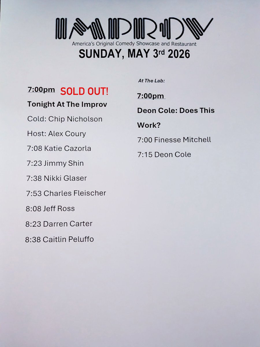 HollywoodImprov's tweet image. Set times tonight! Almost all Sold Out. There are 6 tickets left to see Deon Cole in The Lab at 7. Get tickets at hollywoodimprov.com or arrive early and buy at the door! #hollywoodimprov #comedy