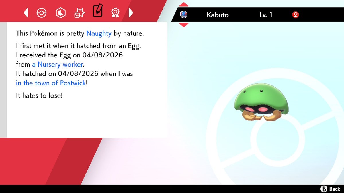 OkLoganxd's tweet photo. Last backlog post- I think! Masuda Kabuto in 32 eggs while hatching for Matt (Absol) suprise trade dex quest wayyy earlier in April. It has Bubble Beam and Knock Off for egg moves. Fun fact, I had to do my first Home trade to get the parent since it is a Shield DLC Exclusive. https://t.co/VXaOJPpDqE