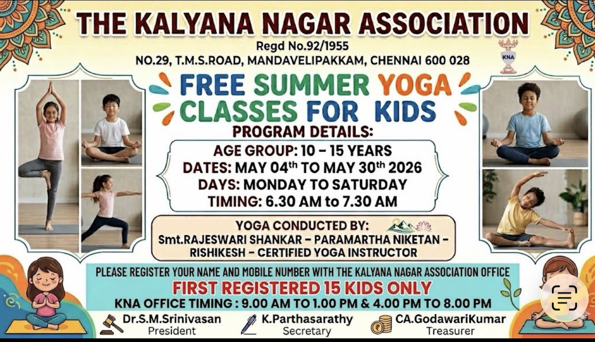 kalyananagar's tweet photo. KNA #TMS Road #Mandavelipakkam is pleased to start yoga for kids from today….Yoga classes were first started in association with Vinieyoga Healing Foundation in 2012 which moved online in 2019 due to corona…Adult yoga classes resumed and now conducted weekly thrice.. https://t.co/EHydPBCMSF