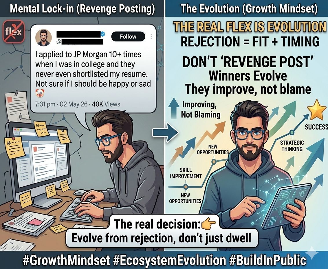 rishubchaturved's tweet image. Hot take:

If you're still #posting about a company that rejected you years ago…

you haven’t fully moved on.

“I applied 10+ times and never got shortlisted” isn’t a flex.

Rejection = fit + timing.

#Growth = improving, not blaming.

Winners don’t revenge post. They evolve