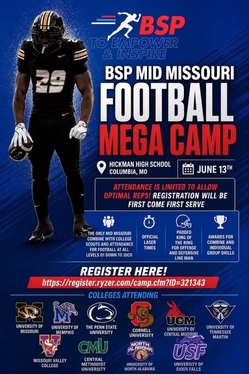 Bsp_Activate's tweet image. 🚨 Get noticed by college coaches! 🚨
Showcase your skills at the Mid-Missouri Mega Camp 
Don’t miss your chance to compete, learn, and stand out.
OPPORTUNITIES AT ALL LEVELS!
👉 Register now: register.ryzer.com/camp.cfm?ID=32… (register.ryzer.com/camp.cfm?ID=32…)
#GetNoticed  #GetActive
