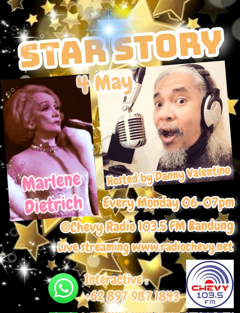 soundfactorybdg's tweet image. "STAR STORY" Monday 4 May 06-07pm ⭐ MARLENE DIETRICH ⭐
Live audio streaming radiochevy.net 📲📲
Listen @ Chevy Radio 103.5 FM #Bandung 📻🎶😊
#marlenedietrich