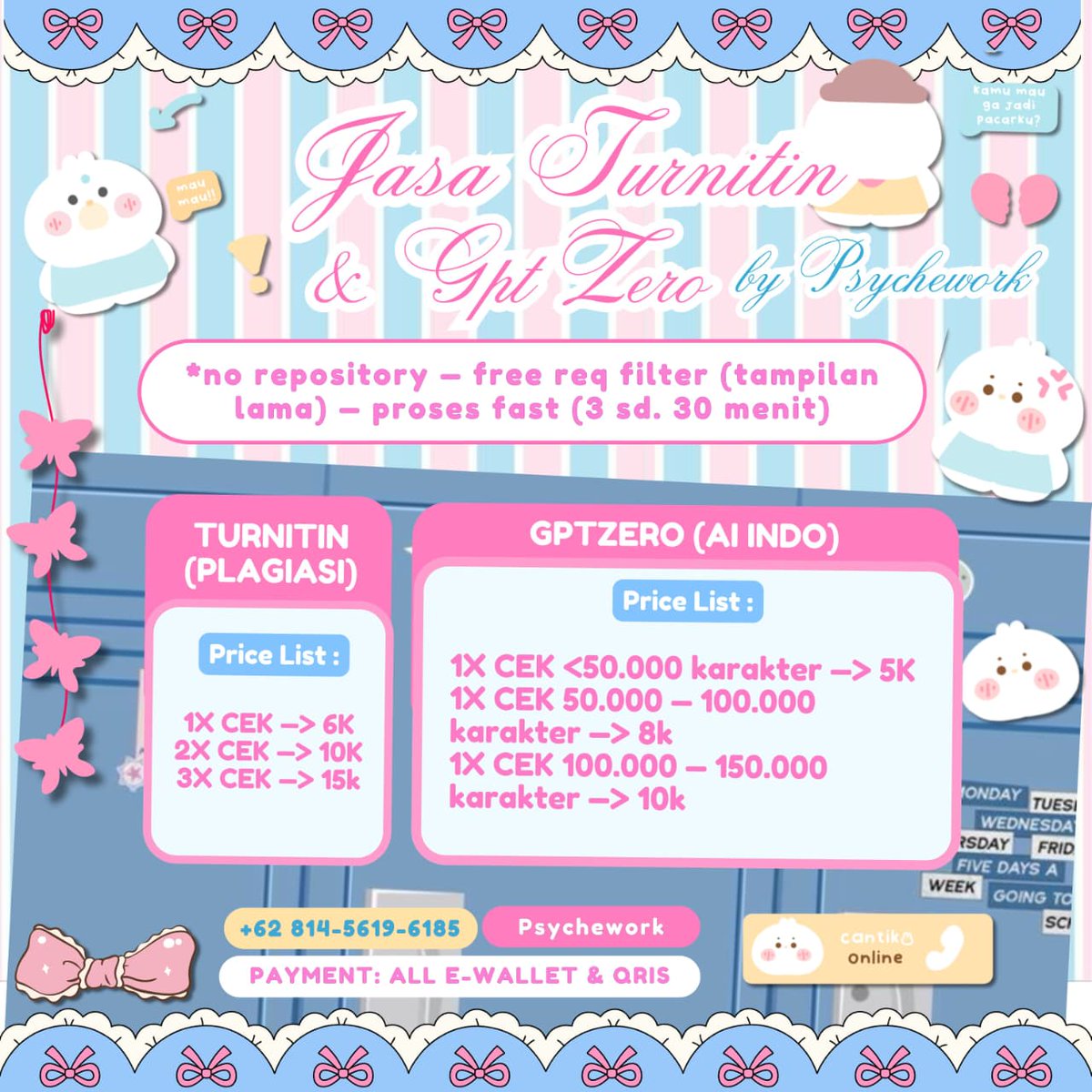 hewwoo 
aku udah avail cek plagiarisme plagiasi turnitin dan cek ai gptzero yaa

• cek turnitin 6k/cek ~ 10k 2x cek
• cek ai indo (gptzero) ~ start 5k/cek
• cek ai eng (turnitin) ~ 25k/cek

🤍 no repository, data aman terjaga, proses fast dan legal #bealanja