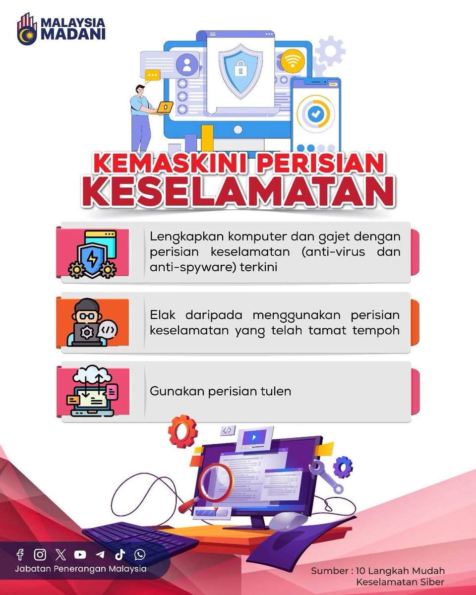 JPenerangan's tweet photo. 🛡️💻 Amalkan keselamatan siber melalui pengemaskinian perisian komputer.

🔒 Gunakan perisian keselamatan terkini, elakkan yang tamat tempoh dan pilih perisian tulen. 

#RancakkanMADANI
#MADANIBekerja
#TaatSetia
#JabatanPenerangan https://t.co/MVdvBd5r8E