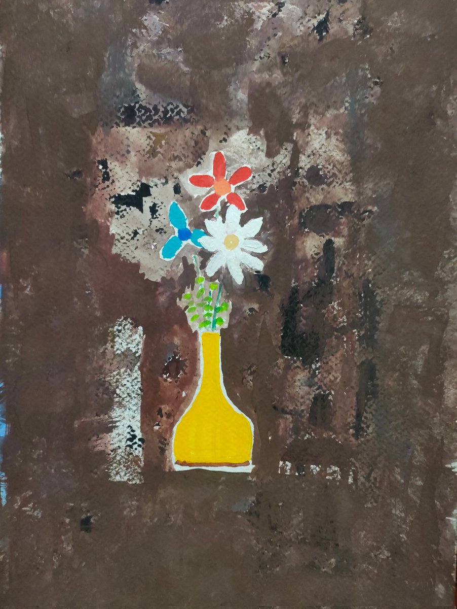EaQtz6's tweet image. #artwork 
#art
#水彩画
#心象風景画
#絵
＃Gouache
#paintig
🎨庭に咲いた名前も知らない草花を集めて黄色い花瓶に入れてみた