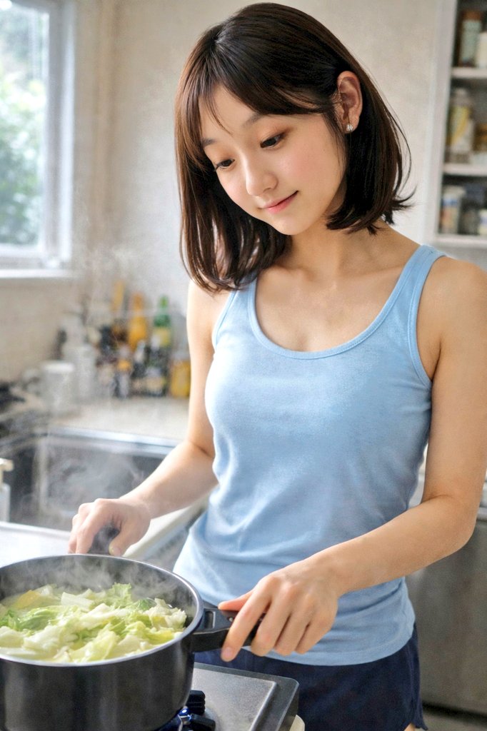 yuri20240615's tweet image. 朝は涼しかったからのんびり白菜の煮物を作ってたんだけど🥬 🍲 
曇っててちょうど良かったのに
気づいたらじわじわ暑くなってきたよ〜💦  
だから途中からちょっぴり
薄着で…🤭  
このまま夏に突入しちゃうかも?…☀️

#自撮り と #AIart
今回は上手くいったかなぁ🩷 ̖́-