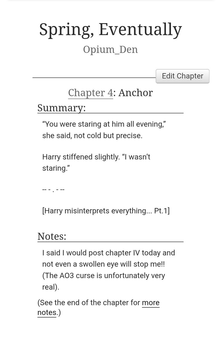 Opium_Den20's tweet photo. I'm afraid the #ao3curse is real... But I finally posted chapter 4! As promised!
#hpdm #SpringEventually #fanfiction
Chapter 5 might take a couple of days now though, I really gotta rest my eye and I'm sort of drowning in college work-
Keep an eye on the playlist if you will!! https://t.co/5OnTHj3XAR