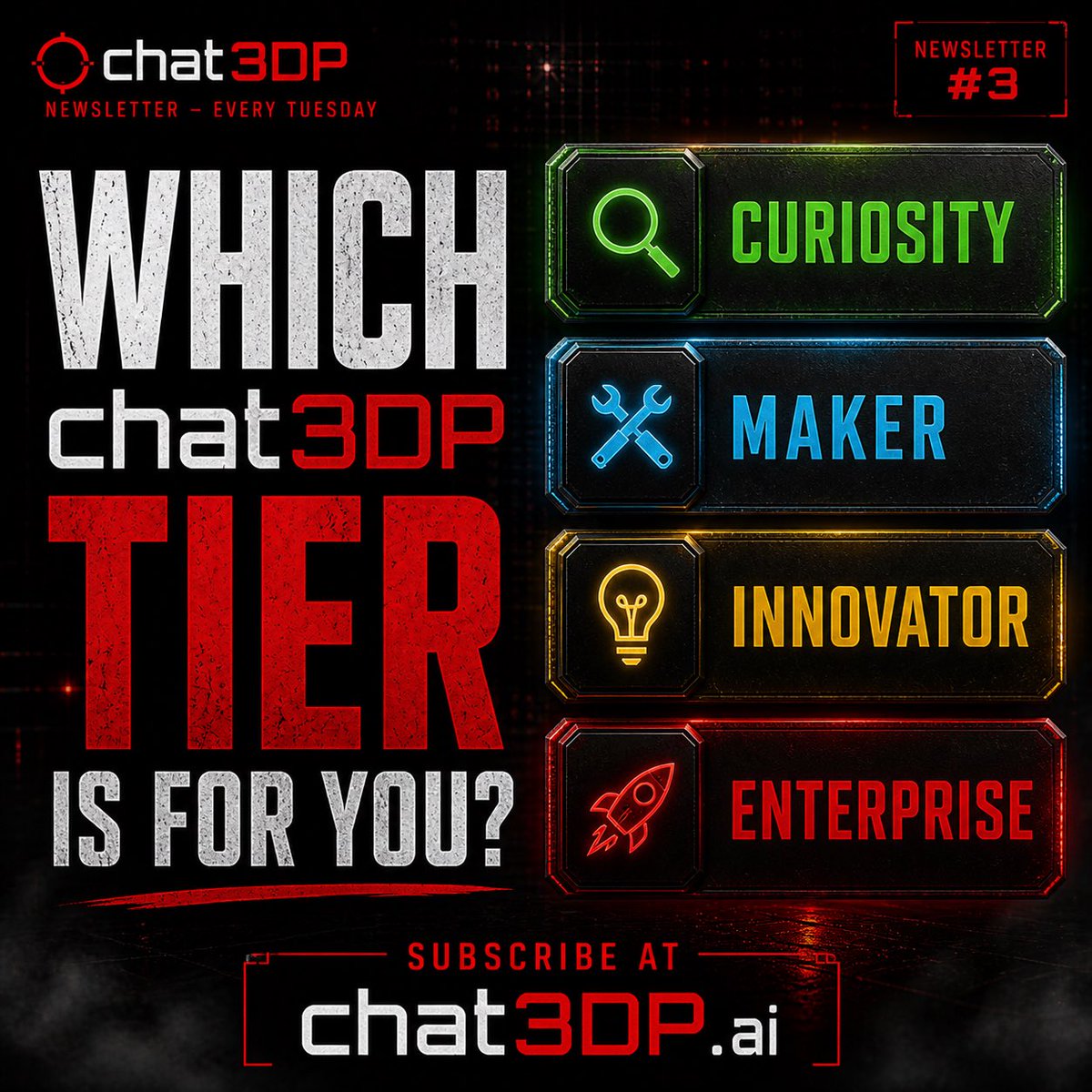 ELGR3CO's tweet image. If you aren’t already subscribed to my #3dprinting newsletter - don’t miss this week! We’re breaking down the tiers for #chat3DP, an AI toolset I built over the last year. 

In Newsletter 3 (sent out every Tuesday at 10AM ET) we’re going into what each Tier has inside, how much,