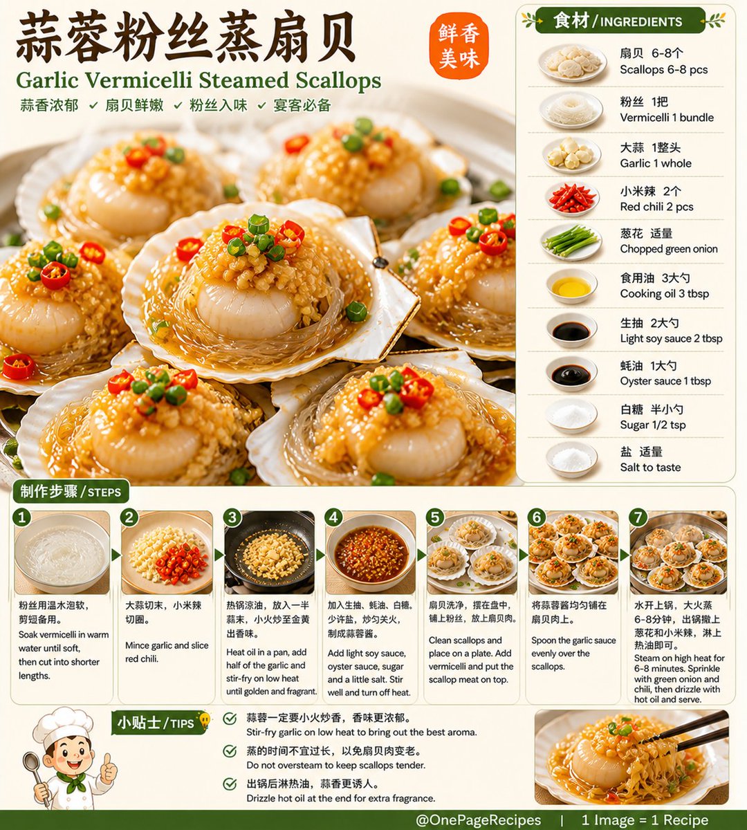 wumingzhibei26's tweet image. 这道太香了🔥
蒜蓉粉丝蒸扇贝，蒜香爆炸！
粉丝吸满汤汁一口封神😋
宴客必备大菜👇
Garlic overload 👀🔥
Garlic Vermicelli Scallops
Juicy, rich, and irresistible 😋
You need this dish 👇
@OnePageRecipes
#ChineseFood #Recipe #Foodie #EasyRecipes