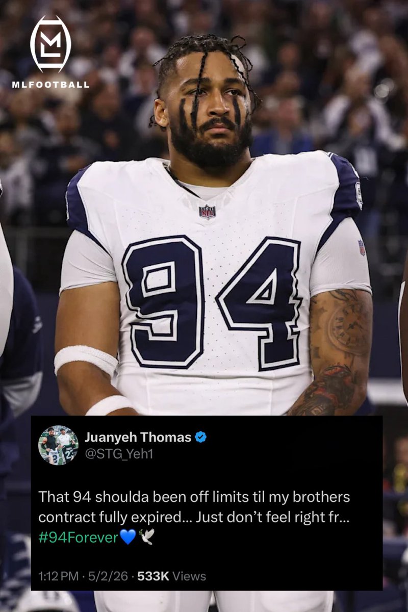 MLFootball's tweet image. 🚨NEWS: Former #Cowboys safety Juanyeh Thomas is angry that his ex-teammate Marshall Kneeland’s #94 was given to another player less than a year after his death.

“That 94 shoulda been off limits til my brother's contract fully expired… Just don’t feel right fr… #94Forever💙🕊”