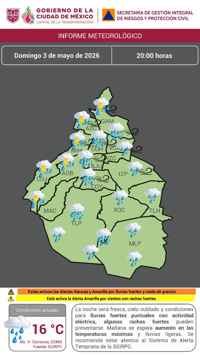 SGIRPC_CDMX's tweet image. Esta noche en la Ciudad de México, el ambiente será #fresco, cielo #nublado y condiciones para #lluvias fuertes puntuales con actividad eléctrica. 

🌡 #Temperatura actual: 16 °C

Mantente informado. #PronósticoDelTiempo #LaPrevenciónEsNuestraFuerza