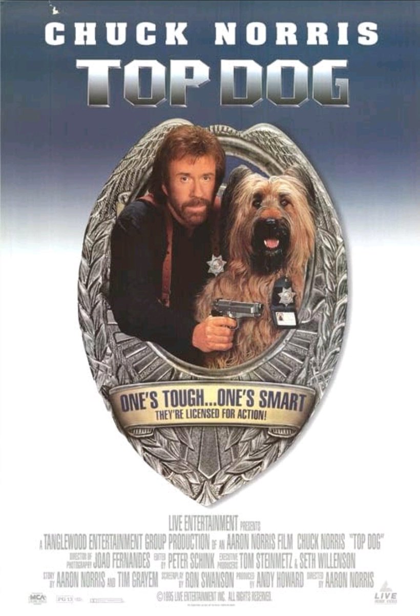 MovieMattner's tweet photo. Chuck teams up with a dog in this combined rip-off of Turner &amp; Hooch and K-9. Also checks all the usual cop cliche boxes. Lone cop, brought off suspension to investigate murder of cop and is joined by dead man's partner. Only this one is a dog. So is the movie. **
#chucknorris https://t.co/nCyneicG3V