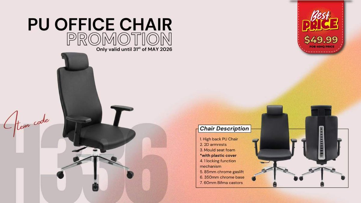 EkayJessa's tweet image. H336 PU Chair – Special Offer!
Now only $49.99 (40HQ FOB price)
Valid until May 31, 2026

Message us to order or get more details.
#E-kayFurniture
#DirectFactory