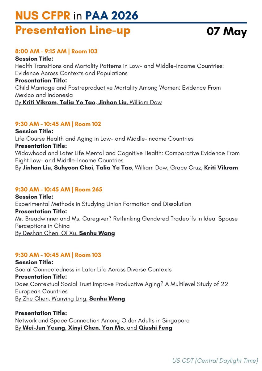 nuscfpr's tweet photo. Join NUS CFPR at PAA 2026!

We are thrilled to announce that our research affiliates will be presenting their latest work at the 2026 Population Association of America (PAA) Annual Meeting in St. Louis, Missouri! 

Full presentation line-up: https://t.co/TUUYPa7B6e https://t.co/C2BD0sBAe5