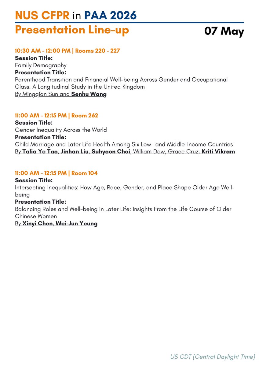 nuscfpr's tweet photo. Join NUS CFPR at PAA 2026!

We are thrilled to announce that our research affiliates will be presenting their latest work at the 2026 Population Association of America (PAA) Annual Meeting in St. Louis, Missouri! 

Full presentation line-up: https://t.co/TUUYPa7B6e https://t.co/C2BD0sBAe5