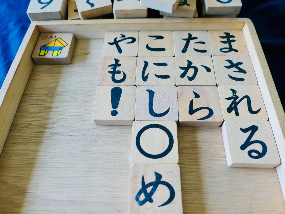 物置の更新の予定があり、端午の節句（子どもの日）を前に、中身の整理・点検。子どもの玩具、工作や絵画の作品などがいろいろ出てくる。

写真は、ひらがな学習用の木製の積木。次世代につながるとも思えないが、アルコール除菌の上、保存。

しろかねも　くがねもたまも　なにせむに