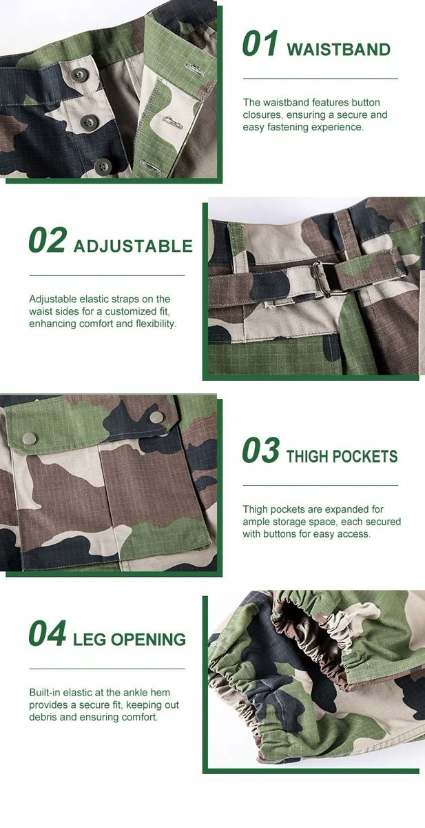 CsjWh62820's tweet image. Detail matters in the field. 🌲 Our French F2 Jungle Camo Pants feature durable ripstop fabric, adjustable waist straps, expanded cargo pockets, &amp;amp; elastic ankle hems to keep debris out. Perfect for military procurement. 🛡️ 🔗... #TacticalGear #MilitaryUniform