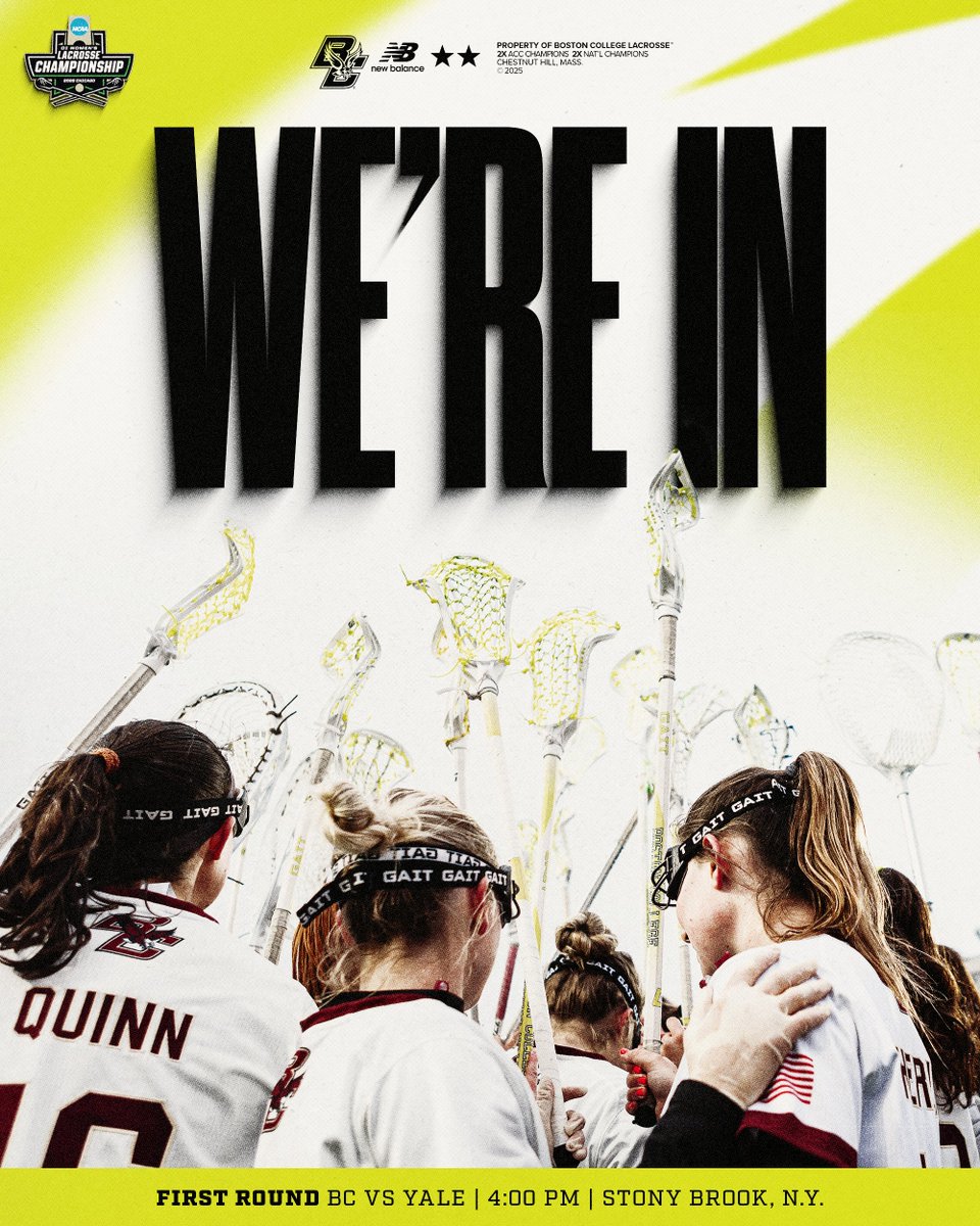 BCwlax's tweet photo. Going dancing!

We'll face Yale in the opening round of the @NCAALAX Tournament on Friday at Stony Brook 🦅🥍 https://t.co/pEoQeHsUgs