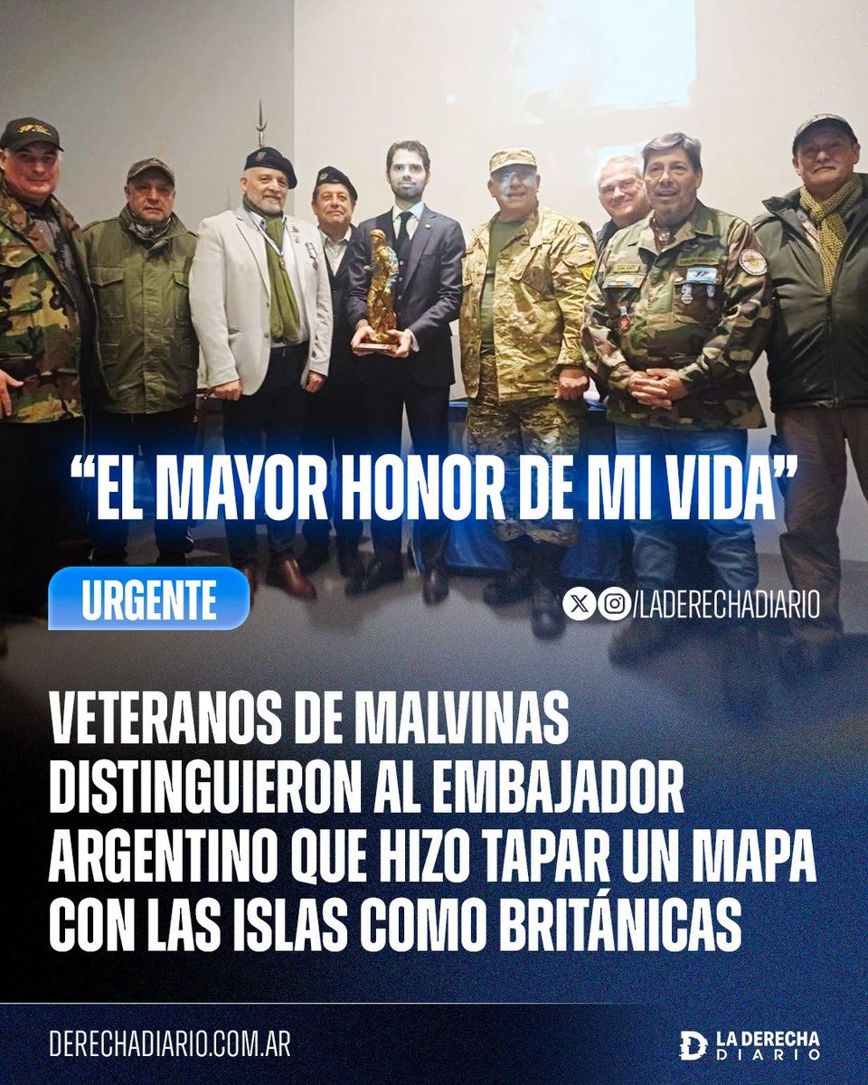 🚨🇦🇷🇫🇷🇬🇧 | “El mayor honor de mi vida”: Veteranos de Malvinas distinguieron con la estatuilla “Soldado Maciel al embajador de Milei en Francia, Ian Sielecki, quien hizo tapar un mapa que mostraba las islas como británicas como exigencia para disertar en la Asamblea Nacional