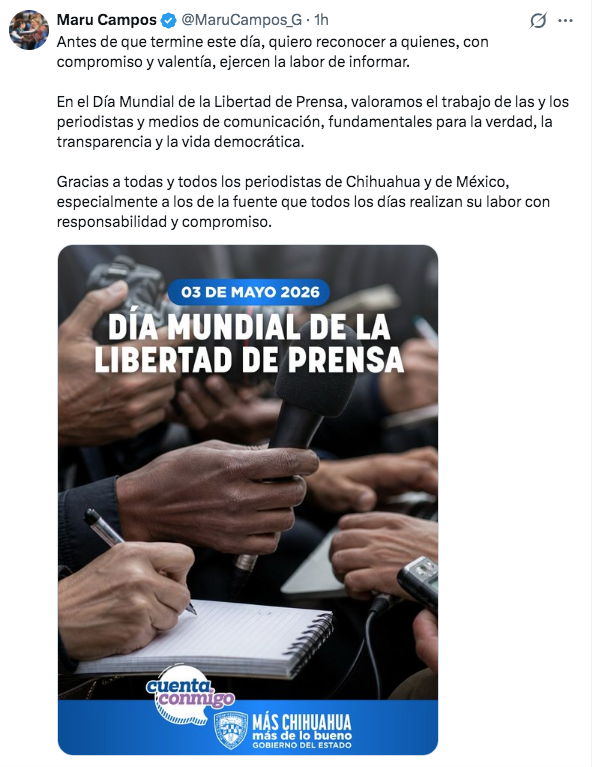 ZonaFreeMX's tweet photo. 🔴 La gobernadora @MaruCampos_G es la mayor enemiga de las libertades de expresión y de prensa en Chihuahua.

—El gasto de $2,504 millones del erario en medios vulnera el derecho de la sociedad a saber y trastoca el ejercicio periodístico, al sujetarlo a líneas editoriales dictadas desde Palacio de Gobierno.