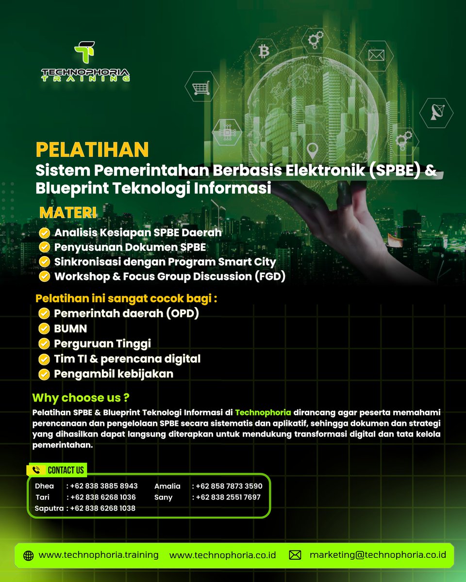 TechnophoriaTC's tweet image. 💻 Pelatihan SPBE &amp;amp; Blueprint TI

Wujudkan transformasi digital instansi Anda melalui penerapan Sistem Pemerintahan Berbasis Elektronik (SPBE) yang terstruktur dan aplikatif

📲 Informasi &amp;amp; Pendaftaran:
Saputra – +62 838 6268 1038

#SPBE #TransformasiDigital #SmartCity #Digital