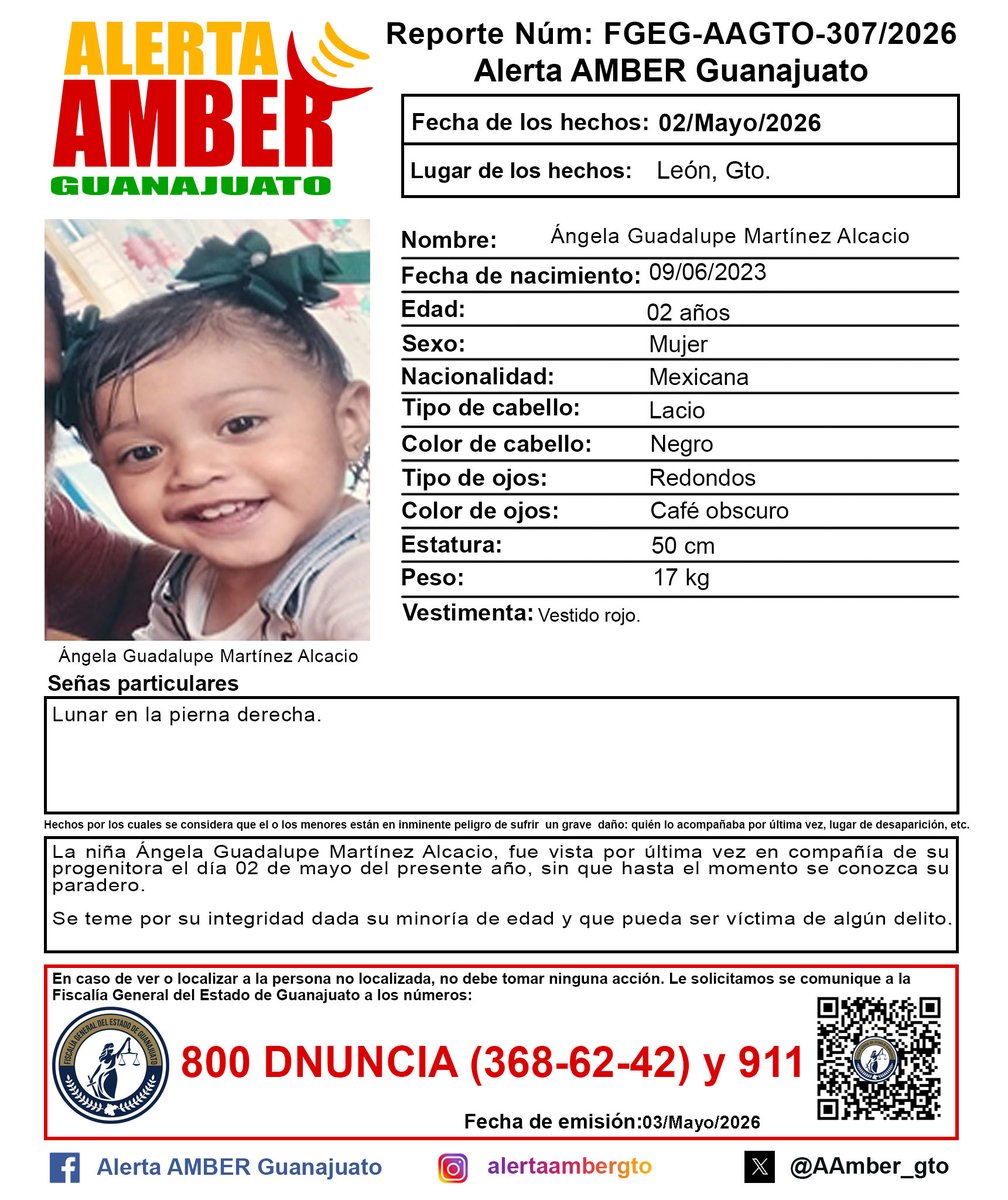 Activación de la Alerta AMBER Guanajuato de la niña Ángela Guadalupe Martínez Alcacio de 2 años, León, Gto. ¡Ayúdanos a localizarla!