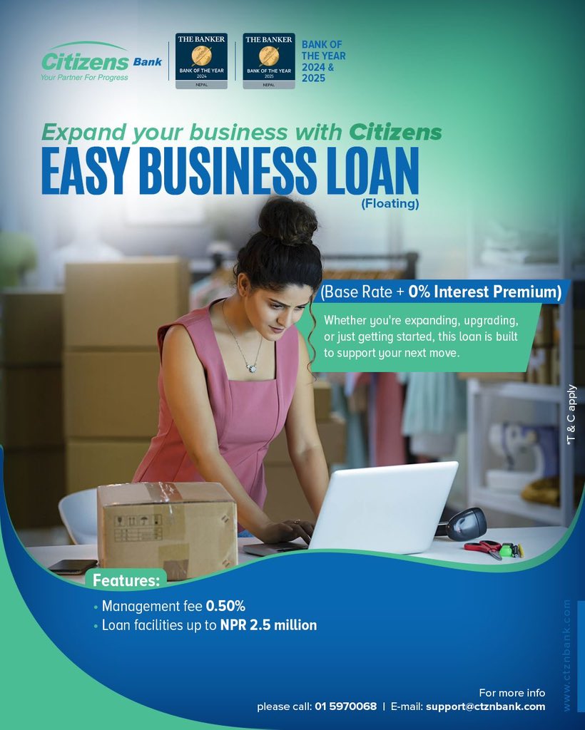 CitizensBankIn1's tweet photo. 👩🏻‍💼🧑🏻‍💼 Easy Business Loan (Floating) 
☑ Base Rate + 0% Interest Premium
☑ 0.50% Management Fee
☑ Up to NPR 2.5 Million Loan Facilities

#EasyBusinessLoan #CitizensBank #yourpartnerforprogress #yourfriendforfinancialgrowth #bankoftheyear2024 #bankoftheyear2025 https://t.co/jY08kgLhtn