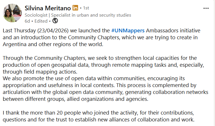 UN_Mappers's tweet photo. Publicado originalmente por Silvina Meritano, embajadora comunitaria de #UNMaps | Reposted from #UNMaps Community Ambassador, Silvina Meritano
#UNMappers #OpenStreetMap #OSMArgentina #Mapping #HumanitarianMapping #Geo #gis #collaborativemapping #communitymapping #opendata https://t.co/lnVwRbK8uL