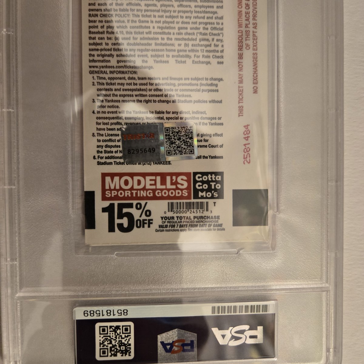 5StarSignatures's tweet photo. The 7th item we are featuring from our "GOAT" listing is a signed game ticket from Mariano Rivera's last game! Rivera inscribed "Last MLB Game"! His auto is graded a PSA 10! The original Tristar authentication holograph from when Rivera signed the ticket is on the back! #GOAT https://t.co/o48JNhLCnv