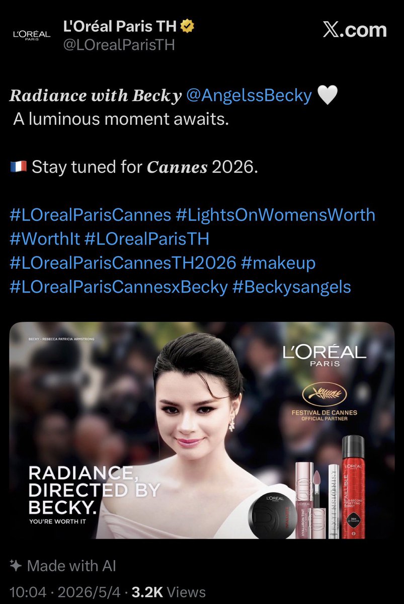 gladyoucome725's tweet image. See you soon at 𝑪𝒂𝒏𝒏𝒆𝒔 2026
The wonderful beauty L’Oreal ladies 🤩

#LOrealParisCannes #LightsOnWomensWorth #WorthIt #LOrealParisTH #LOrealParisCannesTH2026 #skincare #makeup #LOrealParisCannesxChompoo 
#LOrealParisCannesxBecky #LOrealParisCannesxNycha #Nychaa #Beckysangels