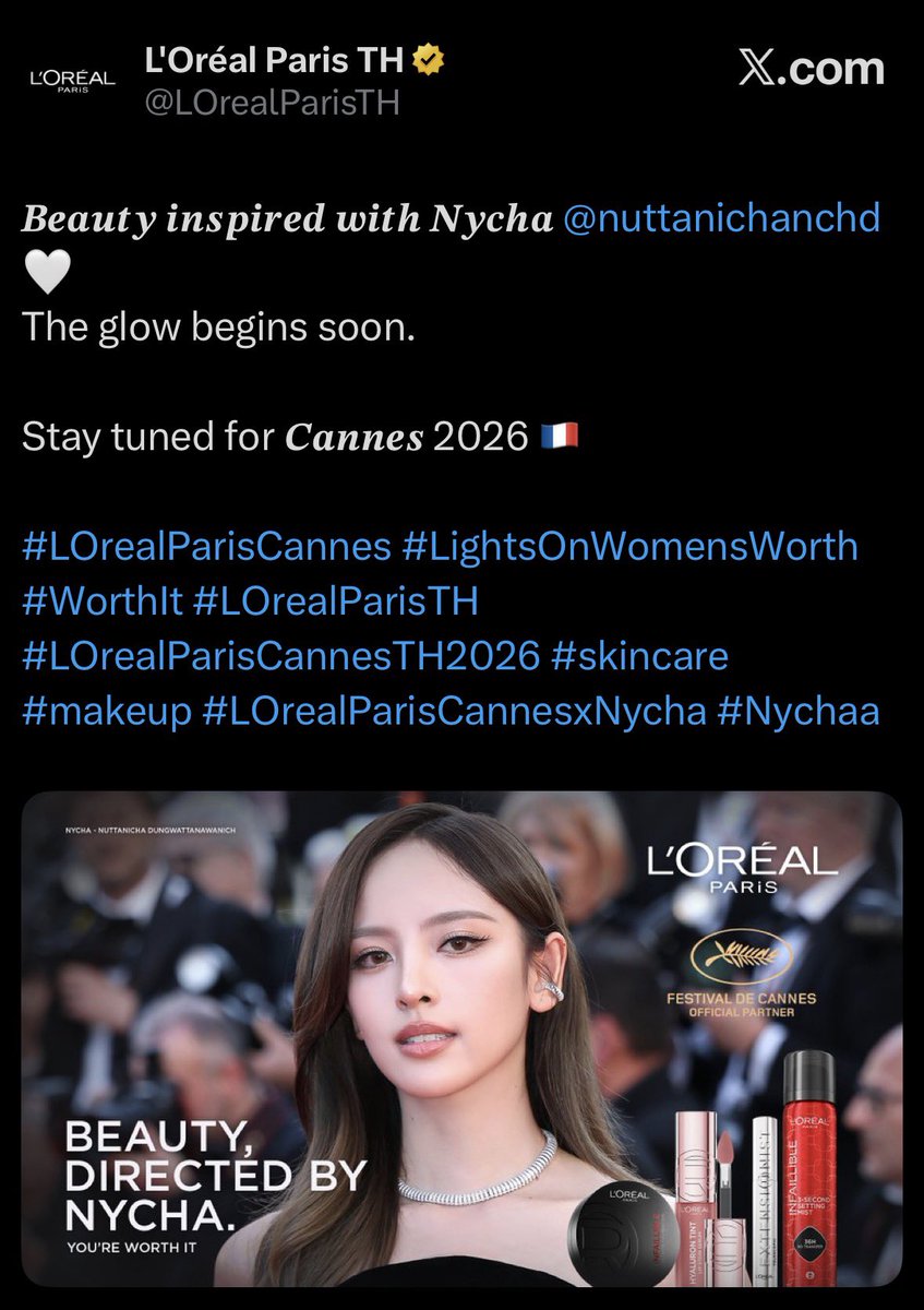 gladyoucome725's tweet image. See you soon at 𝑪𝒂𝒏𝒏𝒆𝒔 2026
The wonderful beauty L’Oreal ladies 🤩

#LOrealParisCannes #LightsOnWomensWorth #WorthIt #LOrealParisTH #LOrealParisCannesTH2026 #skincare #makeup #LOrealParisCannesxChompoo 
#LOrealParisCannesxBecky #LOrealParisCannesxNycha #Nychaa #Beckysangels