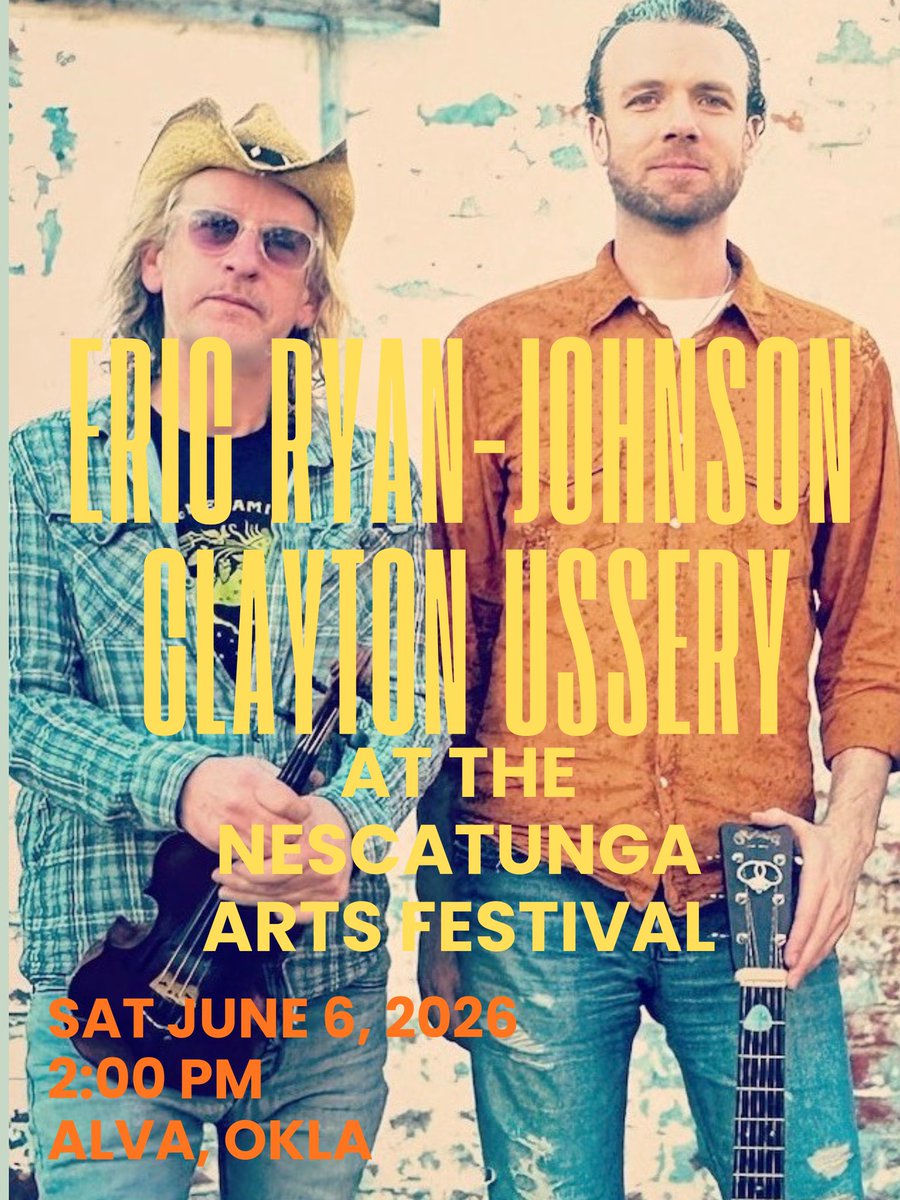 e_ryanjohnson's tweet photo. Eric Ryan-Johnson &amp; Clayton Ussery at the Nescatunga Arts Festival in Alva, Oklahoma on Saturday June 6th, 2026 at 2:00 pm https://t.co/8UCXaVosKQ