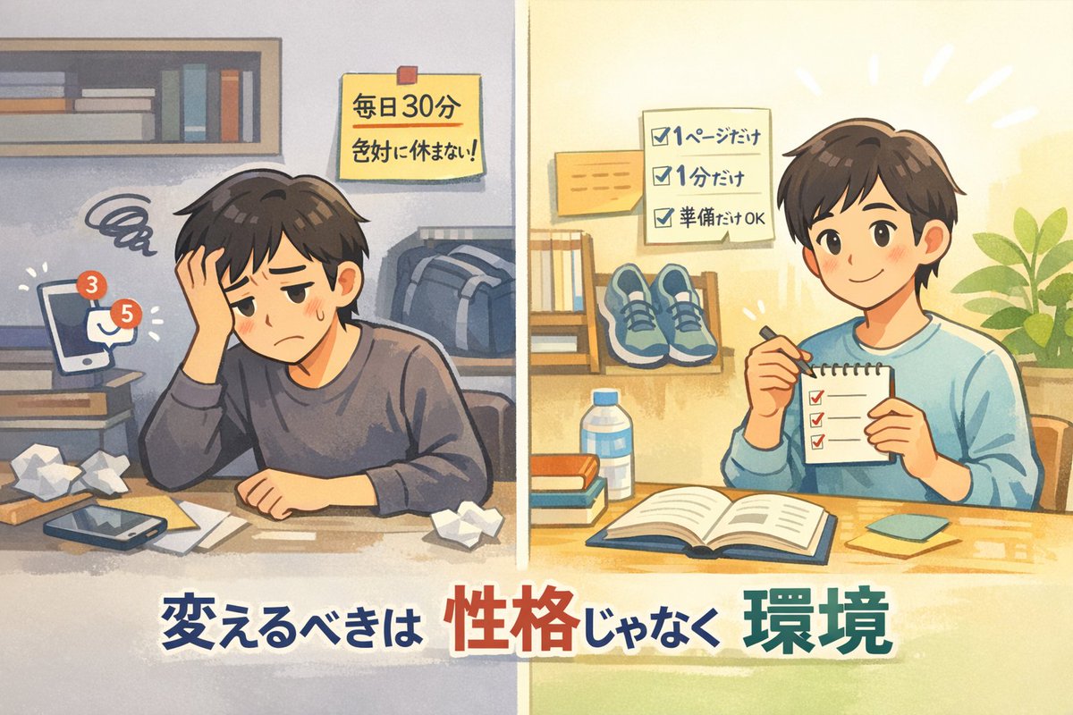 「また三日坊主…」それ、本当に根性の問題？

・やる気は不安定（朝は元気でも夜は無理）
・人は意思より環境に左右される
・準備が面倒だと始まらない
・一人だと簡単にやめられる

つまり、続かないのは性格じゃなく“仕組み”。

大事なのは👇
・1分だけやる
・すぐ始められる状態にする