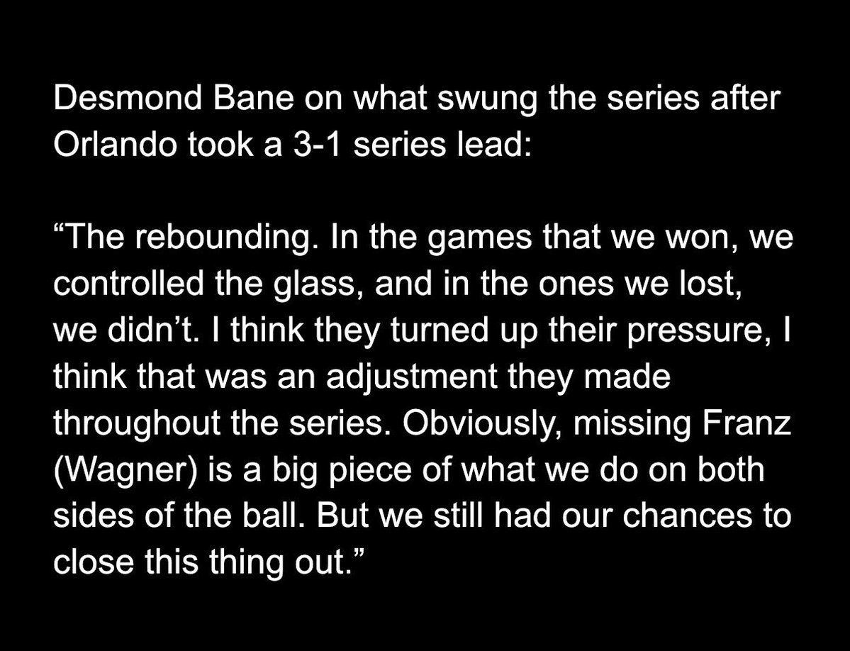 therealBeede's tweet image. #Magic guard Desmond Bane pointed to rebounding as to what swung the series.

Orlando lost all 4 games when Detroit grabbed more.

And: “Obviously, missing Franz is a big piece of what we do on both sides of the ball. But we still had our chances to close this thing out.”

More: