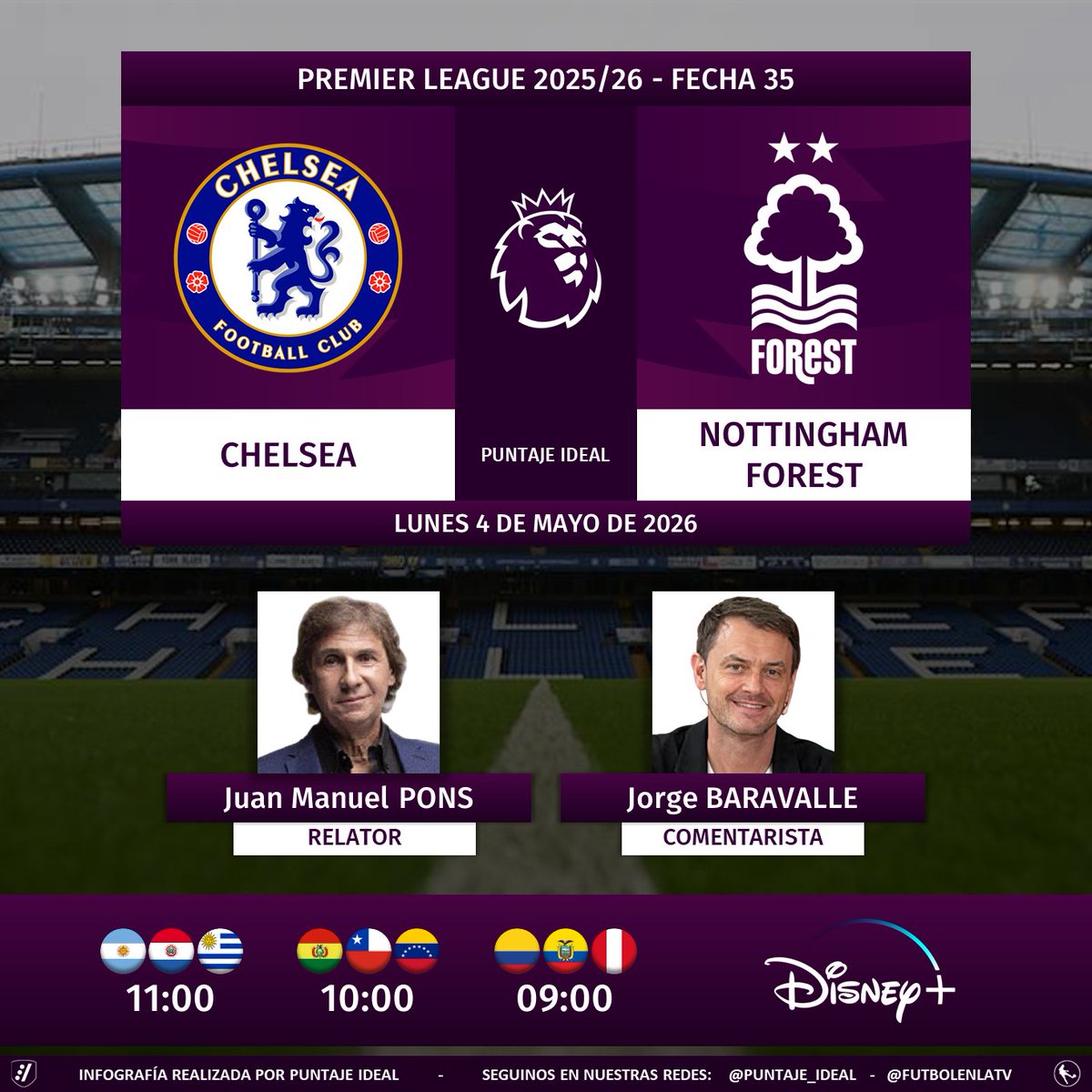 Puntaje_Ideal's tweet image. ⚽ #PremierLeague 🏴󠁧󠁢󠁥󠁮󠁧󠁿 | #Chelsea vs. #NottinghamForest 
🎙 Relator: Bambino Pons
🎙 Comentarista: @jorgebaravalle
💻📱 @disneyplusla Sudamérica
🤳 #PREMIERxESPN - #DisneyPlus - #CHENFO 
Dale RT 🔃
