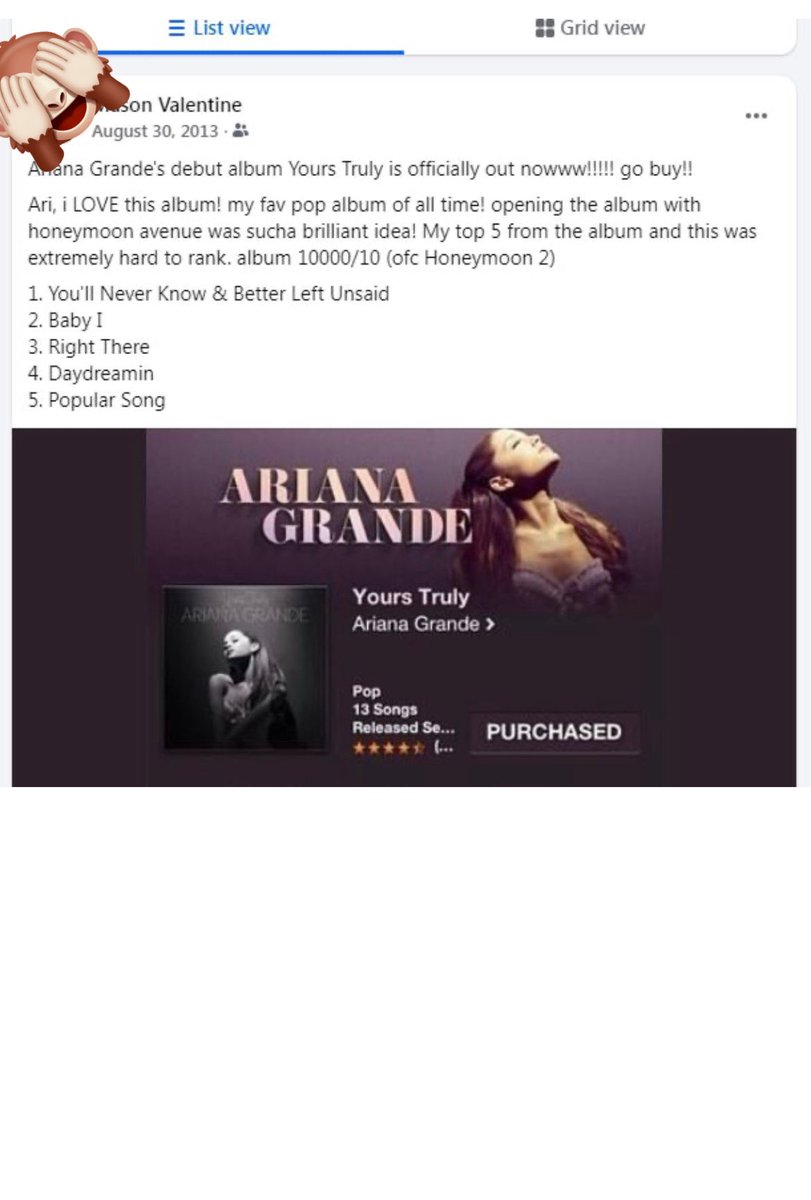 TripStormz's tweet image. TAKE ME BACKKKKKK!! #throwback to my 2013 facebook post’s regarding my favourite pop album of all time. yours truly by the queen of pop ariana grande!! i’ve ALWAYS been here, since 2010!!! mann finding these post made me a lil emotional like damn we rlly grew up wit ari 🤧